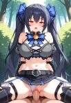 1boy 1girls ai_generated bare_shoulders belt big_breasts black_hair black_skirt blue_bow blue_garter_straps blue_ribbons blush bow breasts bushes clothed_female clothed_female_nude_male clothing crop_top detached_sleeves garter_straps grey_belt hair_ribbons hands_on_waist leggings legs_spread long_hair midriff moaning naked_male neptunia_(series) noire_(hyperdimension_neptunia) noire_(ultradimension)_(neptunia) nude nude_male outside panties panties_aside penis_in_pussy red_eyes reverse_cowgirl_position ribbons sex skirt testicle thigh_straps twin_tails vaginal_penetration white_panties