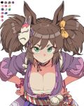  1girl 1girl animal_ears big_breasts blue_eyes bow bracelet breasts brown_hair chest_sarashi cleavage closed_mouth collarbone fox_mask green_eyes hair_between_eyes hair_bow horse_ears horse_girl inari_one_(edomurasaki)_(umamusume) inari_one_(umamusume) japanese_clothes jewelry kimono long_hair looking_at_viewer mask mask_on_head purple_kimono sarashi scrunchie toriga_naku twin_tails umamusume umamusume_pretty_derby wrist_scrunchie 