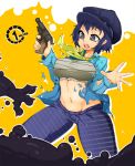 1girl atlus belly big_breasts blue_hair breasts bursting_breasts cabbie_hat grey_eyes groin gun hair hat headgear large_breasts mound_of_venus navel neck_tie necktie pants persona persona_4 plaid revolver sarashi shirogane_naoto shirt short_hair slime slugbox solo torn_clothes torn_shirt weapon