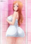  1girl 1girl alluring artist_name ass bare_shoulders bath big_breasts bleach blush breasts brown_eyes female_focus from_behind hand_on_own_chest high_res inoue_orihime legs lips long_hair looking_at_viewer looking_back naked_towel orange_hair parted_lips showering smile solo_focus standing steam teeth towel wet wide_hips zel-sama 