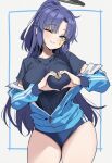  1girl ai_generated big_breasts blue_archive blue_eyes blue_hair blush breasts clothed clothed_female halo heart heart_hands light-skinned_female light_skin long_hair one_eye_closed ponytail smile standing star thick_thighs thighs wink yuneillusts yuuka_(blue_archive) 