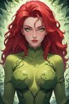 1girl alternate_costume arms_at_sides batman_(series) big_breasts bodysuit breasts closed_mouth dc_comics female_only female_solo green_background green_bodysuit green_eyes leaf leaf_clothing leaves light-skinned_female light_skin lips lipstick long_hair looking_at_viewer makeup medium_breasts naughty_face pamela_isley plant_girl poison_ivy red_hair red_lipstick skin_tight smile supervillainess upper_body villainess xalphafox xalphafox_(artist)