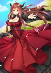 1girl ahoge big_breasts breasts brown_hair choker cleavage dress high_res horns long_hair looking_at_viewer maou_(maoyuu) maoyuu_maou_yuusha outstretched_arm red_dress red_eyes smile solo yutazou