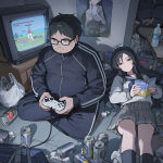  1boy 1girl ai_generated bare_thighs black_eyes black_hair fat_man glasses huge_thighs light-skinned_female light_skin long_hair mushoku_tensei:_isekai_ittara_honki_dasu nanahoshi_shizuka pineapple_pizza rudeus_greyrat school_uniform schoolgirl thick_thighs thighs voluptuous voluptuous_female 