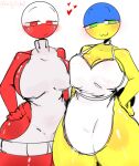  1girl 2_girls apron apron_only big_breasts breasts countryhumans countryhumans_girl duo duo_focus grin hand_on_hip hearts kak0yt0_chel looking_at_viewer poland_(countryhumans) red_body smiling_at_viewer standing sweater_vest thick_thighs thighs ukraine_(countryhumans) yellow_body 