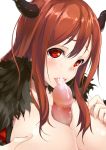 1girl big_breasts breasts brown_hair cleavage cum ejaculation facial fur_trim hetero horns large_breasts long_hair looking_at_viewer maou_(maoyuu) maoyuu_maou_yuusha momonokizmen paizuri penis red_eyes simple_background tongue uncensored white_background