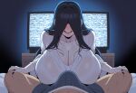  1boy 1girl ai_generated black_hair bulge bulge_through_clothing ghost_girl gigantic_breasts hair_over_eye huge_breasts light-skinned_male light_skin long_hair massive_breasts muscular_male smile squatting sweat sweatdrop the_ring thick_body thick_female voluptuous voluptuous_female white_body white_skin yamamura_sadako 