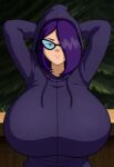 1girl 1girls ai_generated big_breasts big_breasts female_only glasses hair_over_one_eye hanna-barbera hoodie huge_breasts looking_at_viewer purple_hair scooby-doo scooby-doo!_camp_scare solo_female trudy trudy_(camp_scare)
