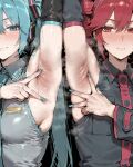  2_girls ai_generated armpit_fetish armpits arms_up blue_eyes blue_hair blush hekihekio kasane_teto light-skinned_female light_skin medium_breasts miku_hatsune red_eyes red_hair squatting sweat sweatdrop twin_drills twin_tails vocaloid voluptuous voluptuous_female 