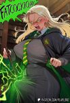  ai_generated angry_face blonde_hair blush bulge bulge_through_clothing draco_malfoy draco_malfoy_(redteneri) earrings futanari genderswap genderswap_(mtf) gigantic_breasts green_eyes harry_potter hogwarts_school_uniform huge_breasts light-skinned_female light_skin long_hair magic magic_wand massive_breasts open_mouth plaplord squatting sweat sweatdrop thick_body thick_female voluptuous voluptuous_female 