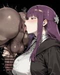  1boy 1girl ai_generated anus anus_peek balls big_balls big_penis blush dark-skinned_male dark_skin fern_(sousou_no_frieren) gigantic_breasts handjob hekihekio huge_balls huge_breasts huge_cock interracial light-skinned_female light_skin long_hair massive_breasts nude nude_male oiled_body oiled_skin open_mouth penis puffy_anus purple_eyes purple_hair rimming rimming_male saliva sousou_no_frieren squatting sweat sweatdrop tongue_out veiny_penis voluptuous voluptuous_female 