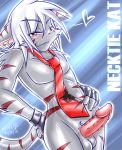  barbs blush cute ear_piercing earring erection feline fingerless_gloves furry gloves grey hair half-closed_eyes heart katsuke katsuke_(character) looking_at_viewer male necktie nude penis piercing red red_eyes sheath solo standing stripes tail testicles white_hair 