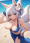 1girls ai_generated azur_lane beach big_breasts bikini blue_bikini_top blue_eyes blue_sarong blush breasts female_only fox_ears fox_girl fox_tails hand_behind_head hand_on_hip hand_on_own_hip kaga_(azur_lane) kaga_(everlasting_killing_stone)_(azur_lane) kitsune_mask one_breast_out one_nipple_out outside sarong ship_girl short_hair smile solo_female white_bikini_bottom white_hair wristbands