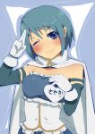 1girl ;) bad_id blue_eyes blue_hair blush cape clothed female gloves happy heart magical_girl mahou_shoujo_madoka_magica miki_sayaka one_eye_closed sasagawa_satarou short_hair smile solo standing translated wink