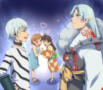 2boys 2girls accelerator ahoge armor bad_id black_hair brown_hair crossover crutch demon_boy dress heart hexagon inuyasha japanese_clothes kimono last_order long_hair multiple_boys multiple_girls pointy_ears red_eyes rin rin_(inuyasha) sasagawa_satarou sesshomaru sword to_aru_majutsu_no_index weapon white_hair yellow_eyes yukata