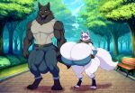 1girl ai_generated alopex bigger_male duo eric_(wolf2012) fox fully_clothed fully_clothed_female fully_clothed_male hyper_balls hyper_breasts male muscular_male park walking wolf