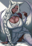  1girl big_breasts blue_eyes bubble_butt cleavage dark-skinned_female horny inviting_to_sex looking_at_viewer pose sitting stockings teasing thick_thighs valenvenge white_hair 
