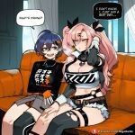 2_girls ai_generated bare_thighs belle_(zenless_zone_zero) big_breasts blue_hair cyan_eyes green_eyes hair_ribbon huge_breasts huge_thighs light-skinned_female light_skin nicole_demara pink_hair short_hair sigabelle smile squatting sweat sweatdrop thick_body thick_female thick_thighs thighs twin_tails voluptuous voluptuous_female zenless_zone_zero