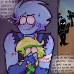 2boys blue blush bluuzick_(kevin) broz_boyz broz_boyz_go crotch dangerous green hidden hiding oc ocs original_character original_characters spanish_dialogue spanish_text text text_bubble touching_crotch touching_penis touching_thigh zlayway_(miles)