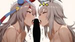 1boy 2_girls ai_generated animal_ears artist_request blush breasts collarbone cooperative_fellatio double_fellatio eye_contact fellatio grey_hair group group_sex hair_ornament horse_ears horse_girl huge_breasts huge_cock huge_penis light-skinned_female light_skin oguri_cap_(umamusume) open_mouth oral oral_sex penis silver_hair sweat sweatdrop sweating tamamo_cross_(umamusume) threesome tongue tongue_out trembling umamusume umamusume_pretty_derby white_background