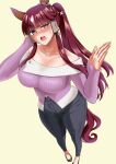  1girl 1girl animal_ears big_breasts blunt_bangs breasts calling casual_clothes clothed ear_covers flustered from_above hakase_yurisuki high_ponytail horse_ears horse_girl horse_tail light_blush long_hair lucky_lilac_(umamusume) magenta_hair multicolored_hair necklace open_mouth pants phone phone_call purple_eyes side_ponytail skin_tight standing sweat sweating tail two-tone_hair umamusume umamusume_pretty_derby v-shaped_eyebrows very_long_hair white_hair 