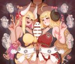  1boy 2_girls absurd_res ahoge anila_(granblue_fantasy) bar_censor bare_arms bare_shoulders belt big_breasts black_dress blonde_hair blunt_bangs blush breasts brooch brown_hair brown_horns censored circle_eyebrows cleavage colored_inner_hair commentary_request cooperative_paizuri dark-skinned_female dark_skin draph dress faceless faceless_male gran_(granblue_fantasy) granblue_fantasy group_sex heart heart_brooch height_difference high_res horns huge_ahoge jewelry kumbhira_(granblue_fantasy) large_horns large_penis long_bangs long_earlobes long_hair looking_at_penis minomushi4649 multicolored_hair multiple_girls muscular muscular_male nose_blush nude orange_eyes paizuri penis penis_awe pointy_ears purple_hair red_dress red_ribbon ribbon sheep_horns shortstack size_difference standing steam steaming_body sweat talking teamwork_(sexual) teeth thick_eyebrows threesome two-tone_dress upper_teeth_only very_long_hair white_belt white_horns yellow_dress yellow_eyes 
