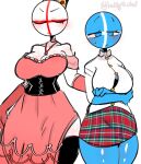  1girl 2_girls arms_folded big_breasts black_bra black_thighhighs blue_body breasts cleavage closed_eyes countryhumans countryhumans_girl crown dress elbow_gloves england_(countryhumans) gloves kak0yt0_chel necklace shetlands_(countryhumans) shirt skirt standing stockings thick_thighs white_body white_shirt 