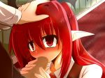  1girl blush censored fellatio gomasamune head_wings hetero koakuma long_hair oral penis pointy_ears red_eyes red_hair solo solo_focus touhou 