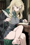ai_generated bare_thighs barefoot big_breasts blonde_hair draco_malfoy draco_malfoy_(redteneri) earrings genderswap genderswap_(mtf) green_eyes harry_potter hogwarts_school_uniform huge_breasts huge_thighs light-skinned_female light_skin long_hair massive_breasts solo_female thick_body thick_female thick_thighs thighs voluptuous voluptuous_female