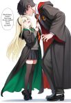  1boy 1girl 2d_(artwork) angry_expression bare_thighs black_hair blonde_hair blush draco_malfoy draco_malfoy_(redteneri) genderswap genderswap_(mtf) glasses green_eyes hairband harry_james_potter harry_potter high_res hogwarts_school_uniform huge_thighs light-skinned_female light_skin long_hair open_mouth small_breasts squatting stockings sweat sweatdrop thick_thighs thighs voluptuous voluptuous_female 