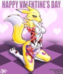 1_female 1girl 2009 3_fingers 3_toes anthro anthro_canine anthro_fox blue_eyes blush breasts canine cute detached_sleeves digimon female female_anthro female_anthro_fox female_only female_renamon fox fur furry gift heart katsuke kneeling mostly_nude nipples renamon ribbons smile solo toei_animation vixen white_fur yellow_fur