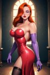  1girl angry arms_at_sides bare_shoulders big_breasts black_legwear black_thighhighs breasts cleavage collarbone day disney dress earrings elbow_gloves eyeshadow female_only female_solo gloves gold_earrings gold_jewelry green_eyes hair_over_one_eye half-closed_eyes indoors jessica_rabbit jewelry legs legwear light-skinned_female light_skin lips lipstick long_dress long_hair looking_at_viewer makeup neck orange_hair parted_lips purple_eyeshadow purple_gloves red_dress red_lipstick serious side_slit standing stockings straight_hair strapless strapless_dress thick_lips thighs who_framed_roger_rabbit window xalphafox xalphafox_(artist) 