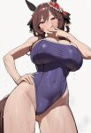  1girl ai_generated animal_ears ass ass_visible_through_thighs blush breasts brown_hair gentildonna_(umamusume) hair_ornament hand_on_own_hip hips horse_ears horse_tail huge_ass huge_breasts licking licking_lips light-skinned_female light_skin navel school_swimsuit sukit96926 sweat sweatdrop sweating swimsuit tail thick_thighs thighs tongue tongue_out umamusume umamusume_pretty_derby wet white_background wide_hips 