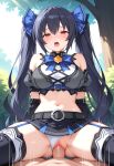 1boy 1girls ai_generated bare_shoulders belt big_breasts black_hair black_skirt blue_bow blue_garter_straps blue_ribbons blush bow breasts bushes clothed_female clothed_female_nude_male clothing cowgirl_position crop_top detached_sleeves garter_straps grey_belt hair_ribbons leggings legs_spread long_hair midriff moaning naked_male neptunia_(series) noire_(hyperdimension_neptunia) noire_(ultradimension)_(neptunia) nude nude_male outside panties panties_aside penis_in_pussy pov red_eyes ribbons sex skirt twin_tails vaginal_penetration white_panties