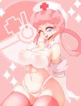 1girl alternate_legwear belly big_breasts black_legwear blue_eyes breasts cleavage hair hair_rings hands_on_breasts hat headgear highleg highleg_panties joy_(pokemon) large_breasts long_hair navel nurse nurse_cap off_shoulder one_eye_closed panties pink_hair pink_legwear pokemon pokemon_(anime) pokemon_(game) red_cross slugbox solo stockings strapless thick_thighs thighhighs thighs tubetop underwear wide_hips wink