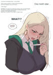 1girl 1girls alternate_version_available blonde-haired_female blonde_female blonde_hair blonde_hair_female blush draco_malfoy draco_malfoy_(redteneri) earrings english english_text genderbend genderbent genderswap genderswap_(mtf) green_eyes harry_potter hogwarts_school_uniform long_hair neck_tie pregnancy_test r63 slytherin slytherin_tie sole_female solo_female solo_focus straight_hair text yui.h