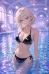  1girl ai_generated bikini black_bikini blonde_female looking_at_viewer purple_eyes shiny_clothes short_hair smile solo_female standing standing_in_water swimming_pool swimsuit water wavy_hair 