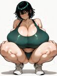  ai_generated angry_expression bare_thighs blush breasts_bigger_than_head fubuki_(one-punch_man) gigantic_breasts green_eyes green_hair huge_breasts huge_thighs light-skinned_female light_skin looking_at_viewer massive_breasts oatmealdood oiled_body oiled_skin one-punch_man panties short_hair solo_female squatting sweat sweatdrop tank_top thick_body thick_female thick_thighs thighs voluptuous voluptuous_female 