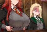 2_girls ai_generated blonde_hair blush breast_size_difference draco_malfoy draco_malfoy_(redteneri) earrings genderswap genderswap_(mtf) gigantic_breasts green_eyes hair_between_eyes harry_potter hogwarts_school_uniform huge_breasts light-skinned_female light_skin long_hair massive_breasts red_hair ron_weasley small_breasts smile thick_body thick_female voluptuous voluptuous_female