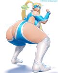  1girl bent_over big_breasts blonde_hair blue_eyes bubble_butt cleavage doggy_position horny inviting_to_sex looking_at_viewer mikadawn pose rainbow_mika sitting standing street_fighter teasing thick_thighs twerk twerking 