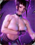 1girls 3d belt black_hair blender collar covered_nipples covering_breasts gloves grin highlights holding_breast juri_han korean looking_at_viewer muscular_female pants revniero3d smile spiked_collar spikes standing standing_up street_fighter street_fighter_6 teasing twitter video_game_character video_game_franchise video_games watermark 