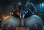 1girl ai_generated duo fellatio human hyper_breasts male penis_in_mouth sexy sucking_penis werewolf