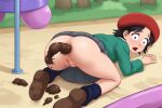  1girl 2025s adeleine_(kirby) aged_up_female all_fours anus bottomless_female cartoon cartoony cute kirby_(series) kirby_64 legs_bent messy on_hands_and_knees outdoors outside parody playground poop pooping scared scat shocked vagina 