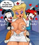  1girl 2boys animaniacs blackroga grope grope_from_behind hello_nurse milf nurse nurse_uniform voluptuous 