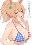  1girl 1girl american_flag american_flag_bikini american_flag_print animal_ears big_breasts bikini blonde_hair blue_eyes blush breasts check_translation cleavage commentary_request flag_print flag_print_bikini front-tie_bikini_top front-tie_top hair_ornament high_res himura_anzu horse_ears horse_girl index_finger_raised long_hair looking_at_viewer open_mouth print_bikini simple_background smile speech_bubble star_(symbol) star_hair_ornament swimsuit taiki_shuttle_(umamusume) translation_request umamusume upper_body white_background 