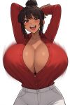  ai_generated bouncing_breasts breasts_bigger_than_head brown_eyes brown_hair brown_skin button_down_shirt cleavage family_guy hair_bun hands_behind_head huge_breasts italian_female italian_teacher_(family_guy) looking_at_viewer motion_blur open_mouth open_smile smile 
