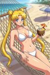  1girl adult_swim alluring beach bishoujo_senshi_sailor_moon bishoujo_senshi_sailor_moon_r bishoujo_senshi_sailor_moon_r_the_movie bishoujo_senshi_sailor_moon_s bishoujo_senshi_sailor_moon_s_the_movie bishoujo_senshi_sailor_moon_supers bishoujo_senshi_sailor_moon_supers_the_movie blonde_hair blue_eyes blue_sky cleavage dario hammock medium_breasts ocean on_hammock pin_up toonami usagi_tsukino viz_media 