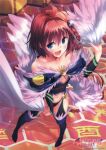  1girl :> asymmetrical_clothes black_boots black_clothes black_gloves black_shorts blue_eyes boots braid character_name detached_sleeves fingerless_gloves gloves knife kurosaki_mea long_hair midriff navel red_hair senran_kagura senran_kagura_(series) short_shorts simple_background thighs to_love-ru to_love-ru_darkness weapon 