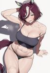 1girl abs ai_generated animal_ears armpits ass blush breasts clothed clothed_female collarbone eyepatch hips horse_ears horse_girl horse_tail huge_ass huge_breasts light-skinned_female light_skin navel open_mouth panties smile steam steamy_breath sukit96926 sweat sweatdrop sweating tail tanino_gimlet_(umamusume) thick_thighs thighs tomboy umamusume umamusume_pretty_derby white_background wide_hips