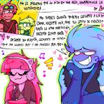 blue blush bluuzick_(kevin) broz_boyz broz_boyz_go green hackzack_(zack) headphones oc ocs original_character original_characters pink pinkyroxxy_(pinky) red spanish_dialogue spanish_text text text_bubble zlayway_(miles)